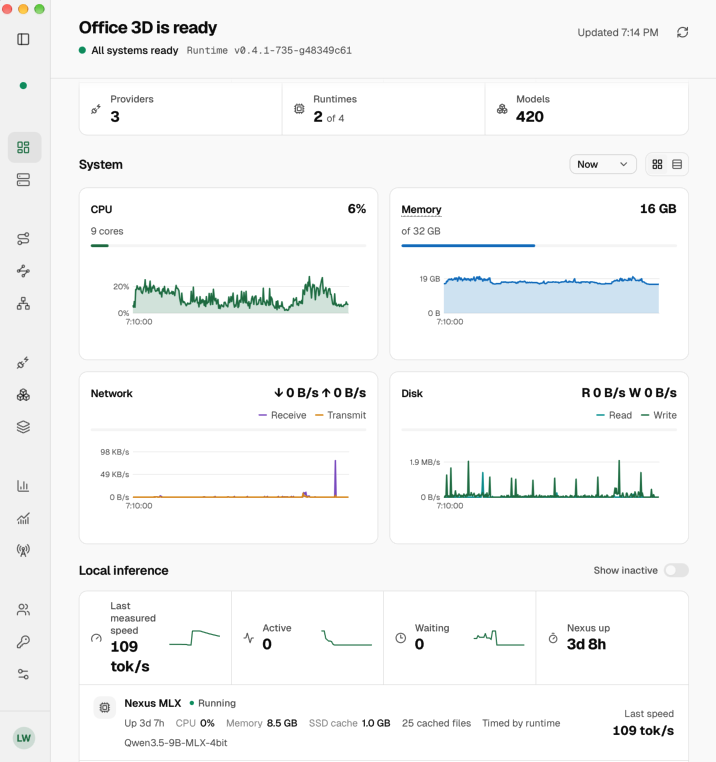 Msty Nexus machine dashboard showing providers, runtimes, models, system metrics, and local inference status