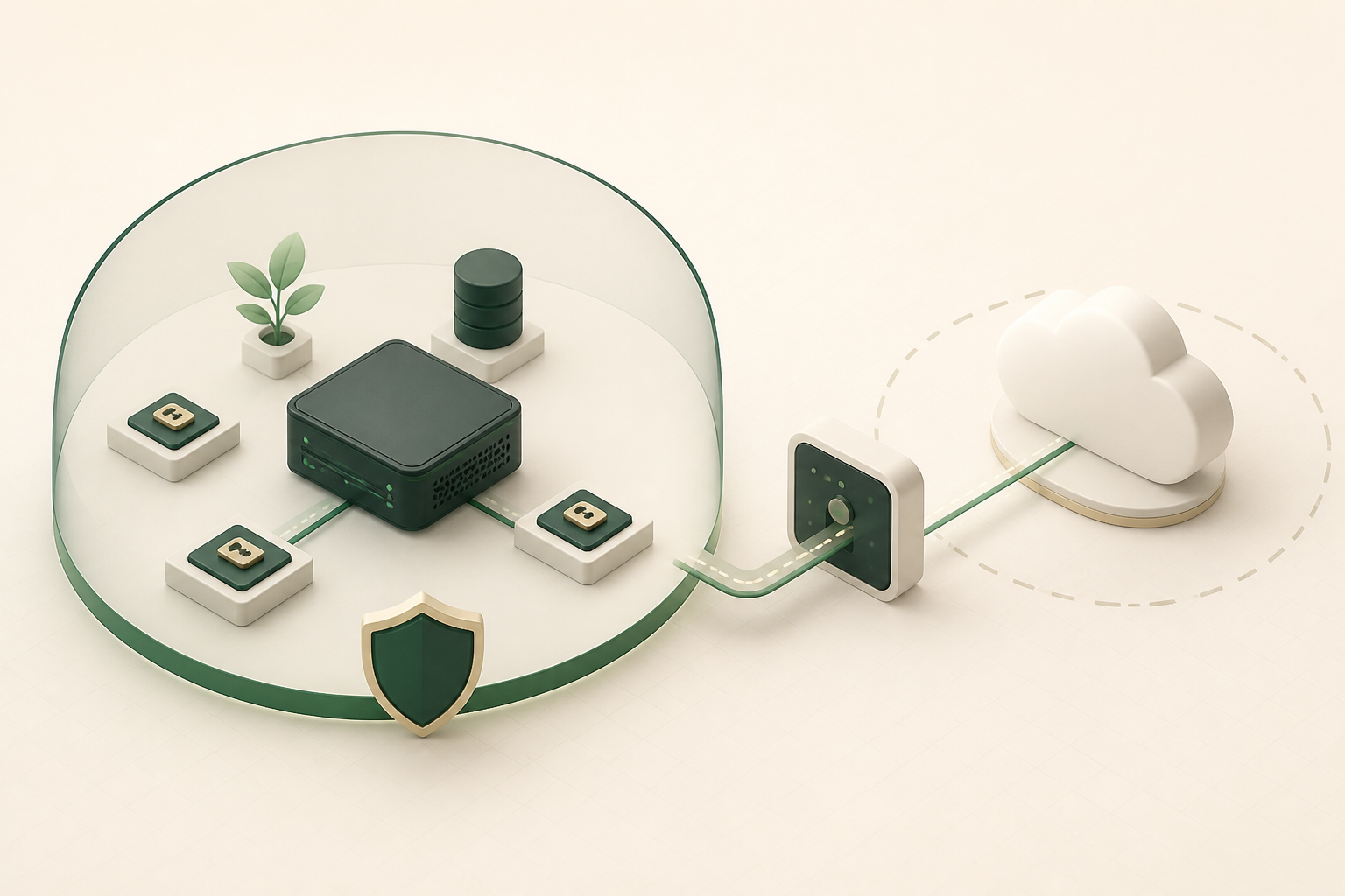 Abstract local AI server protected by a privacy boundary with optional cloud access.